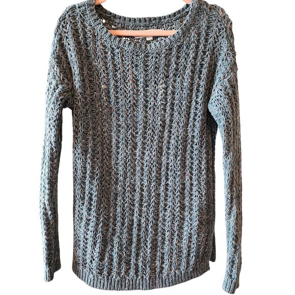 LOFT Ann Taylor SMALL Open Knit Blue Green Sweater Pullover Tunic Side Slit EUC - Picture 1 of 5
